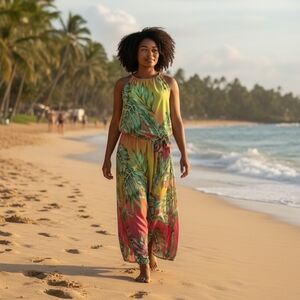 Ashley Stewart Tropical Sunset Hue Palm Print Halter Belted Maxi Dress 14/16 NWT